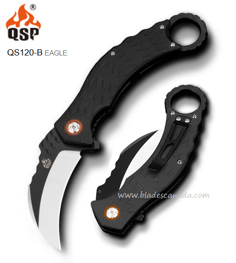QSP Eagle Karambit Flipper Folding Knife, D2 Two-Tone, G10 Black, QS120-B